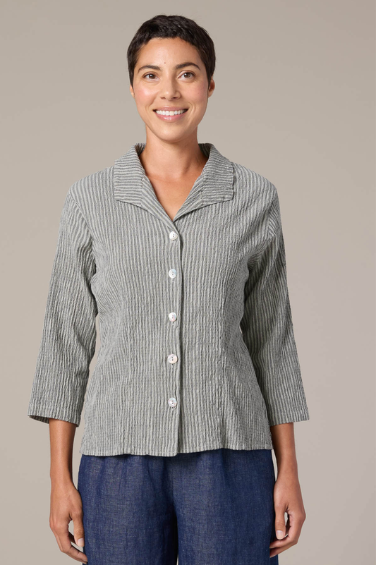Cut Loose Linen Grey Stripe Crinkle 3/4 Sleeve Shirt Spring 2026- Special Order
