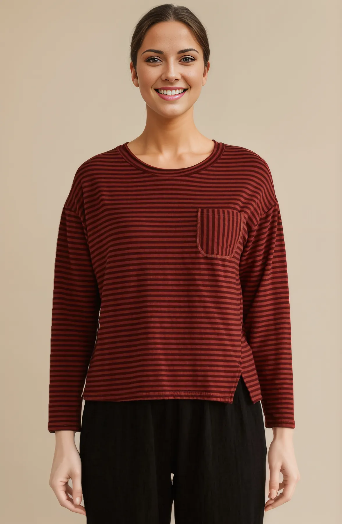 Cut Loose Grey Stripe Fleece Cropped Pocket Sweatshirt -Cognac