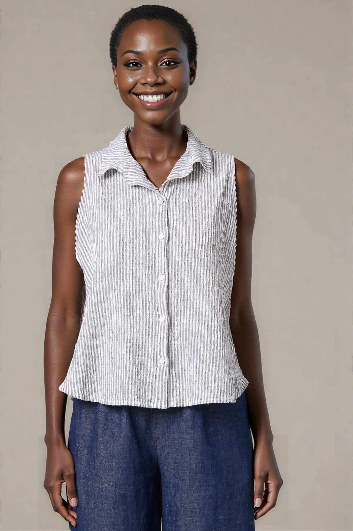 Cut Loose Linen Grey Stripe Crinkle Sleeveless Shirt for spring 2026