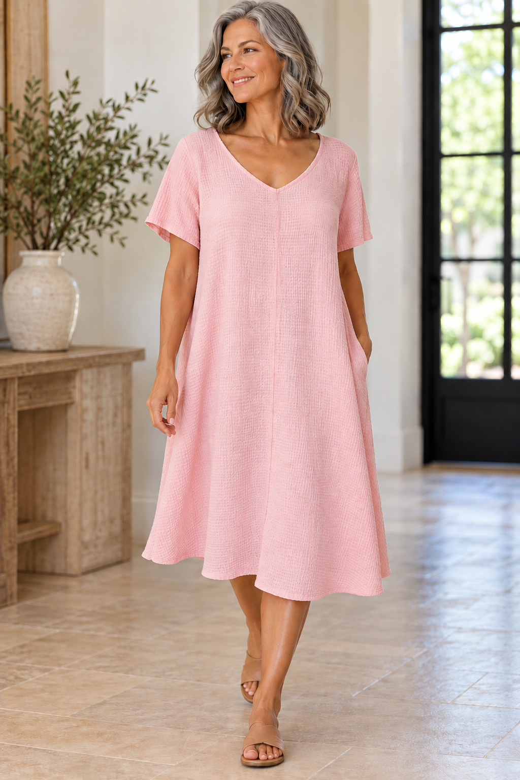 Cut Loose Crinkle Check V-Neck Swing Dress-Pink Salt