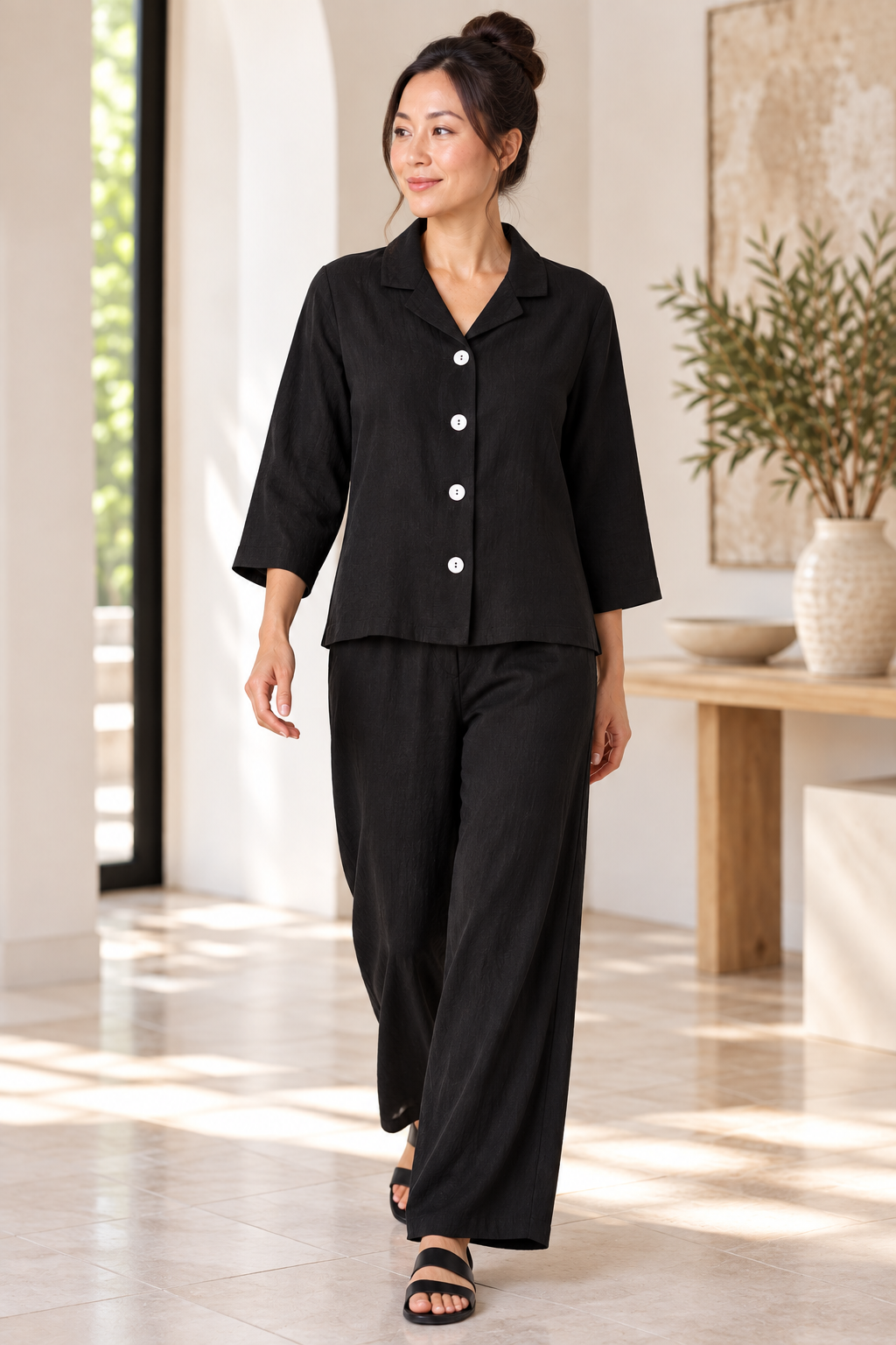 Cut Loose Solid Linen 3/4 Sleeve Shirt -Black