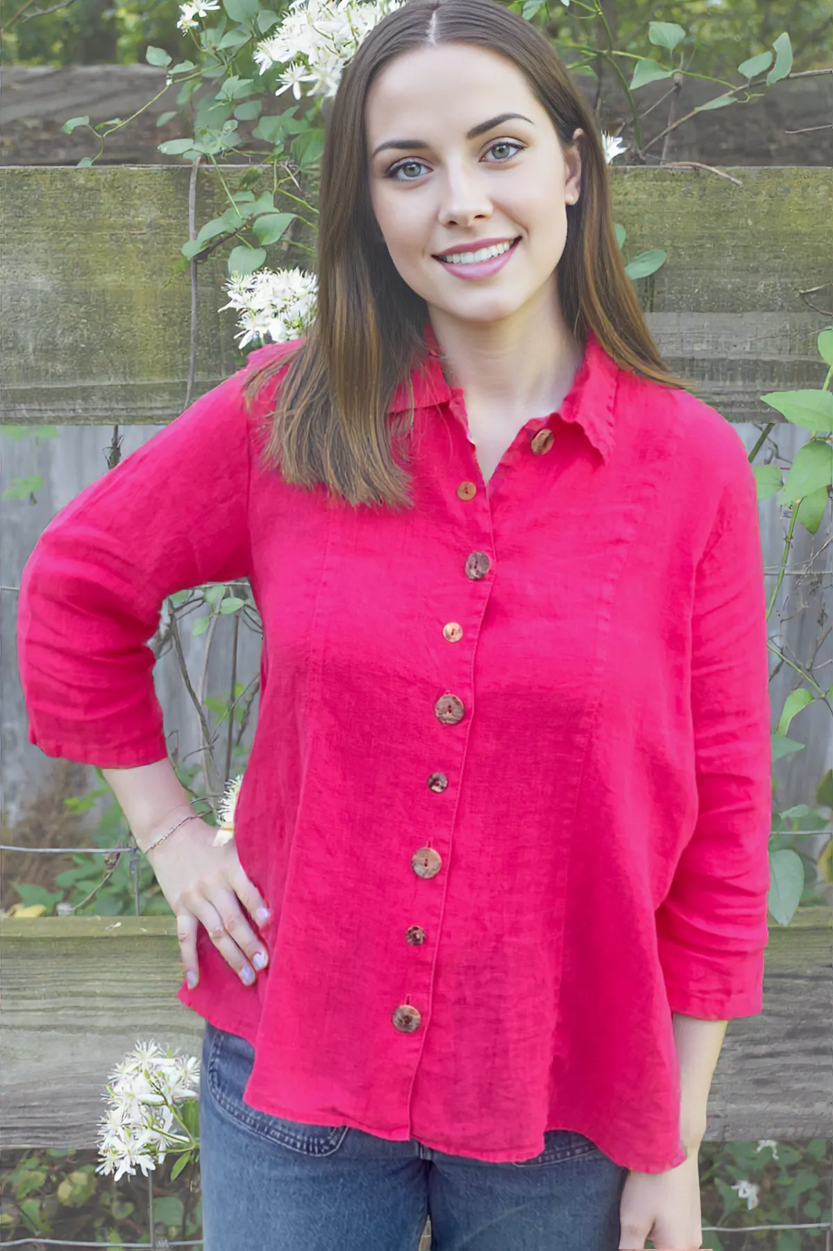 Color Me Cotton Linen Princess Seam Button Shirt by CMC Click Medium