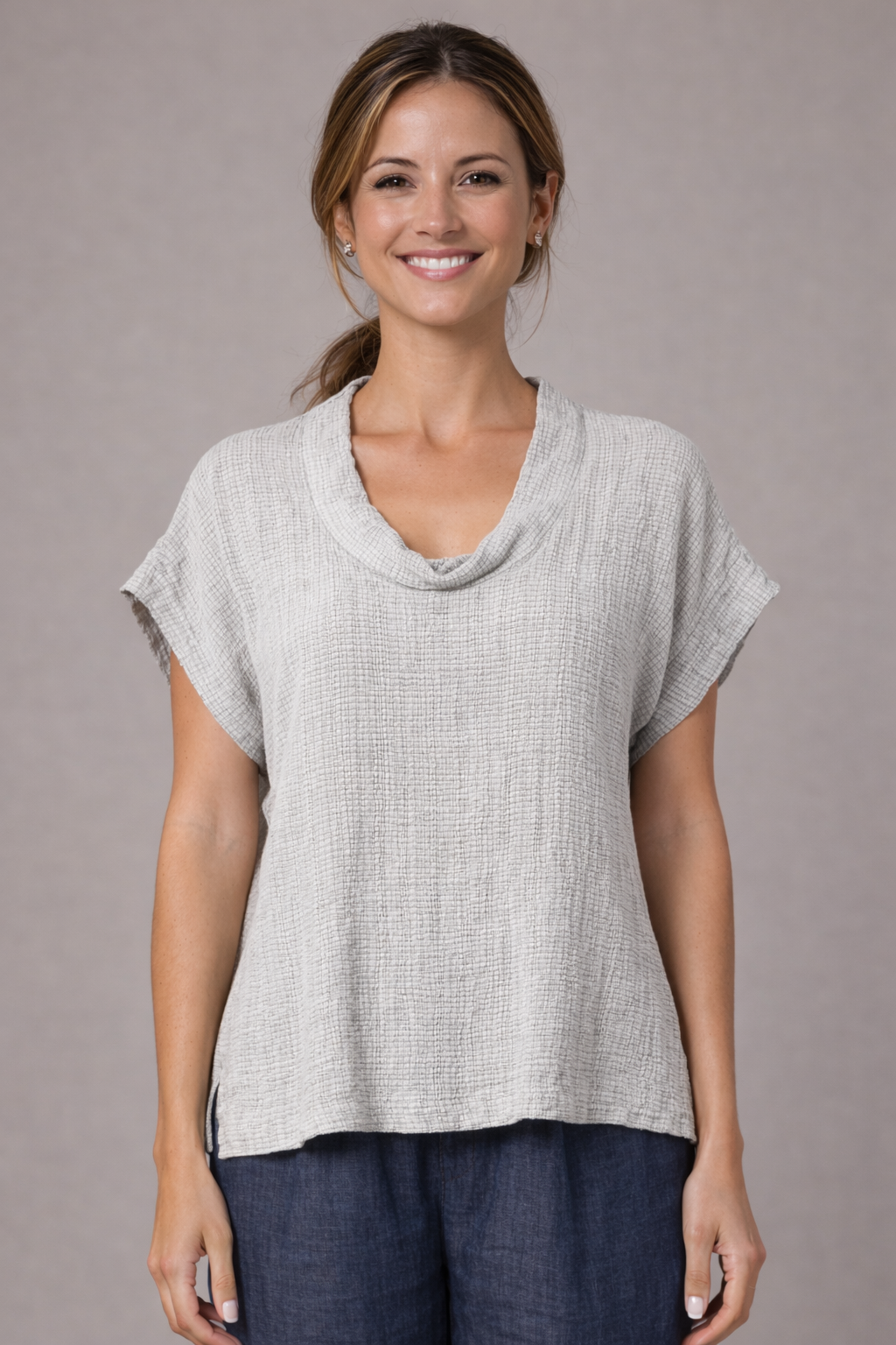 Cut Loose Crinkle Check Short Sleeve Cowl Top Spring 2026- Special Order - thread to cloth
