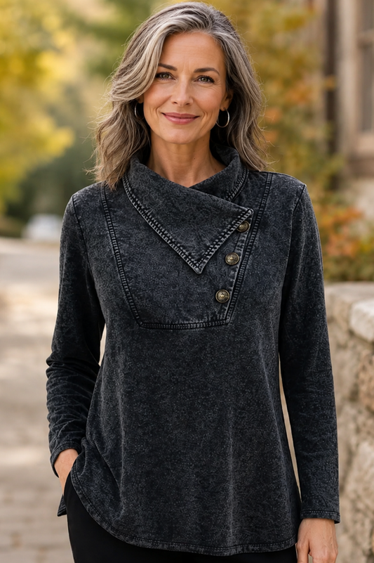Cotton Lani Jersey Asymmectric Fold-Cover Collar Top-Mineral Wash