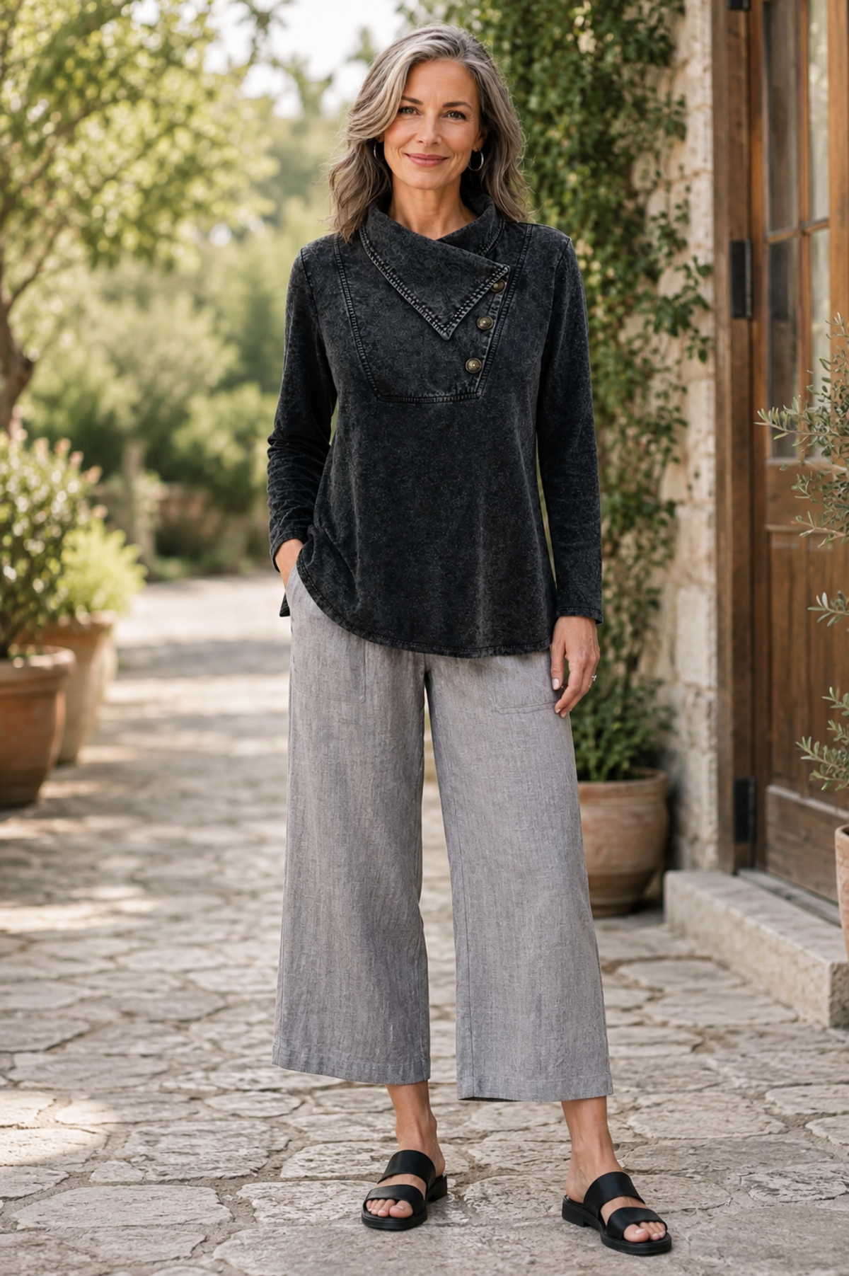 Cotton Lani Jersey Asymmectric Fold-Cover Collar Top-Mineral Wash
