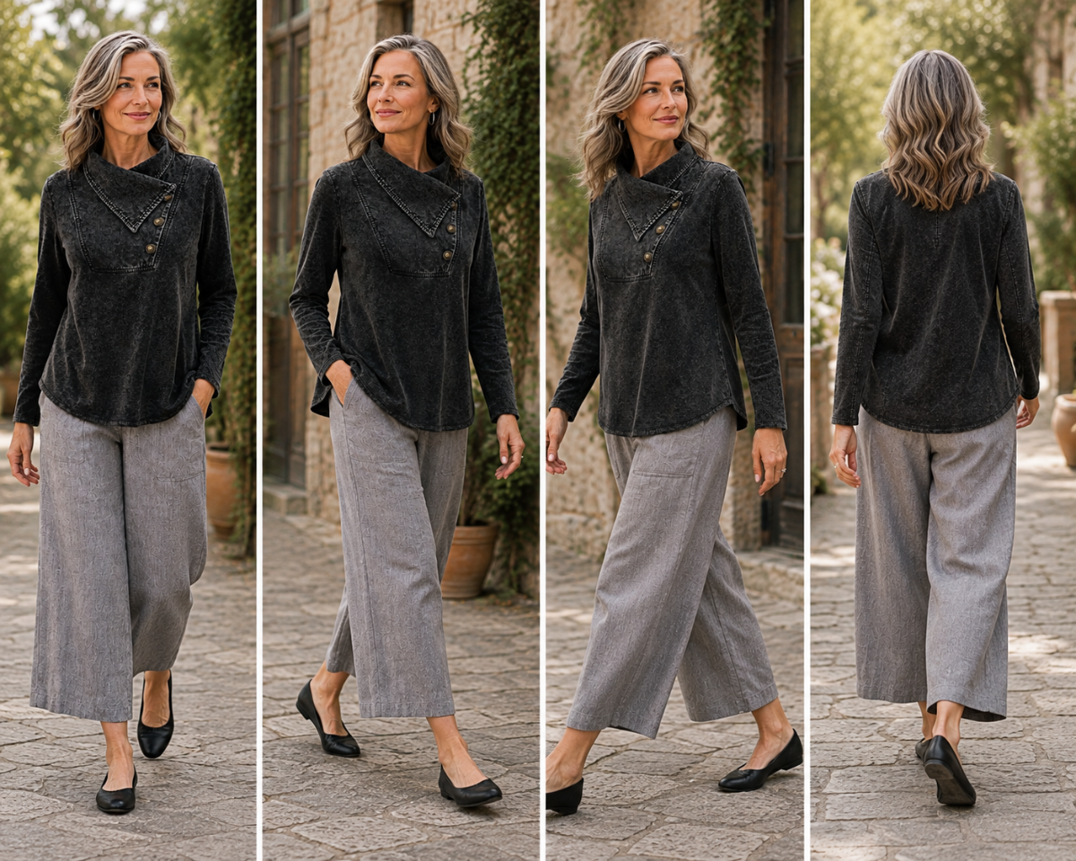 Cotton Lani Jersey Asymmectric Fold-Cover Collar Top-Mineral Wash model walking