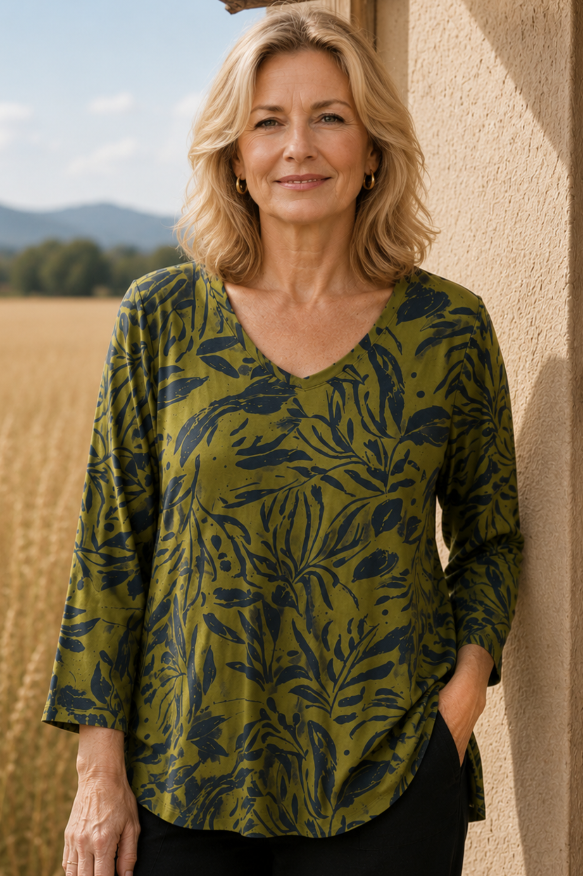 Cotton Lani Jersey ScoopNeck A-Line Top Woodland Print