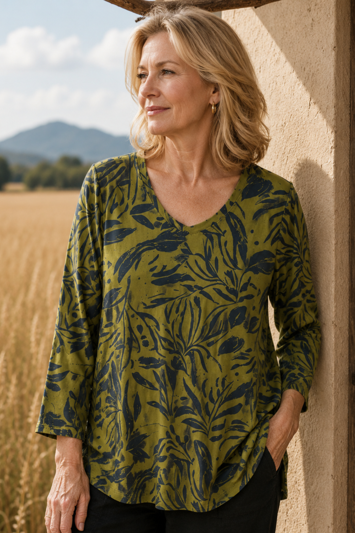 Cotton Lani Jersey ScoopNeck A-Line Top Woodland Print