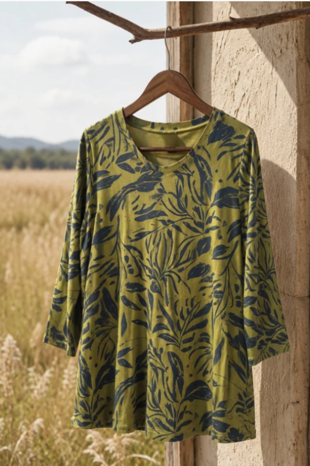 Cotton Lani Jersey ScoopNeck A-Line Top Woodland Print hanging
