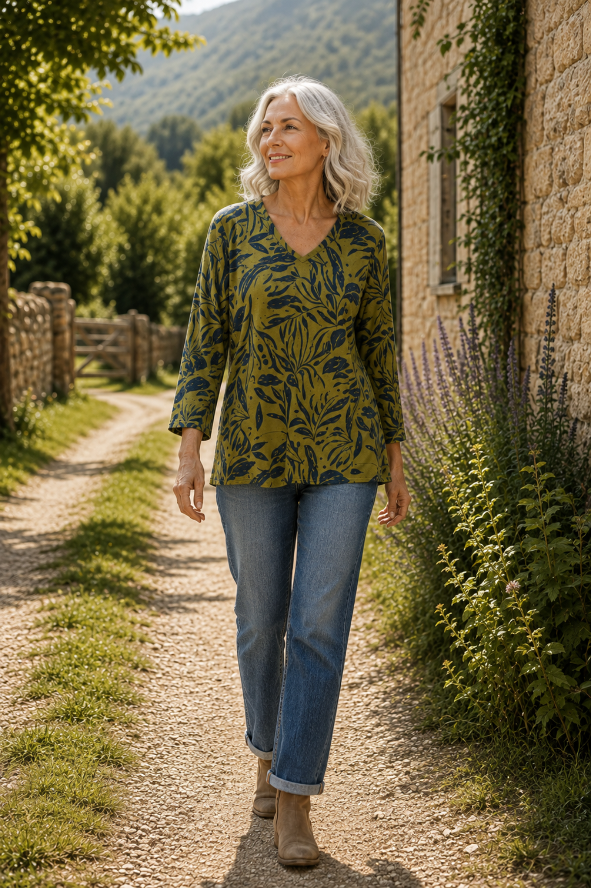 Cotton Lani Jersey ScoopNeck A-Line Top Woodland Print walking