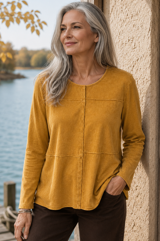 Cotton Lani Jersey Slub Cut Block Detail Long Sleeve Top-Mineral Wash