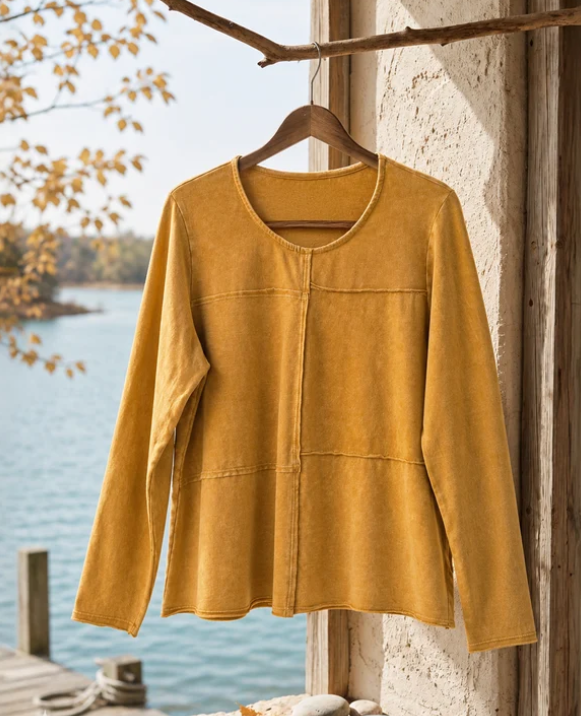 Cotton Lani Jersey Slub Cut Block Detail Long Sleeve Top-Mineral Wash