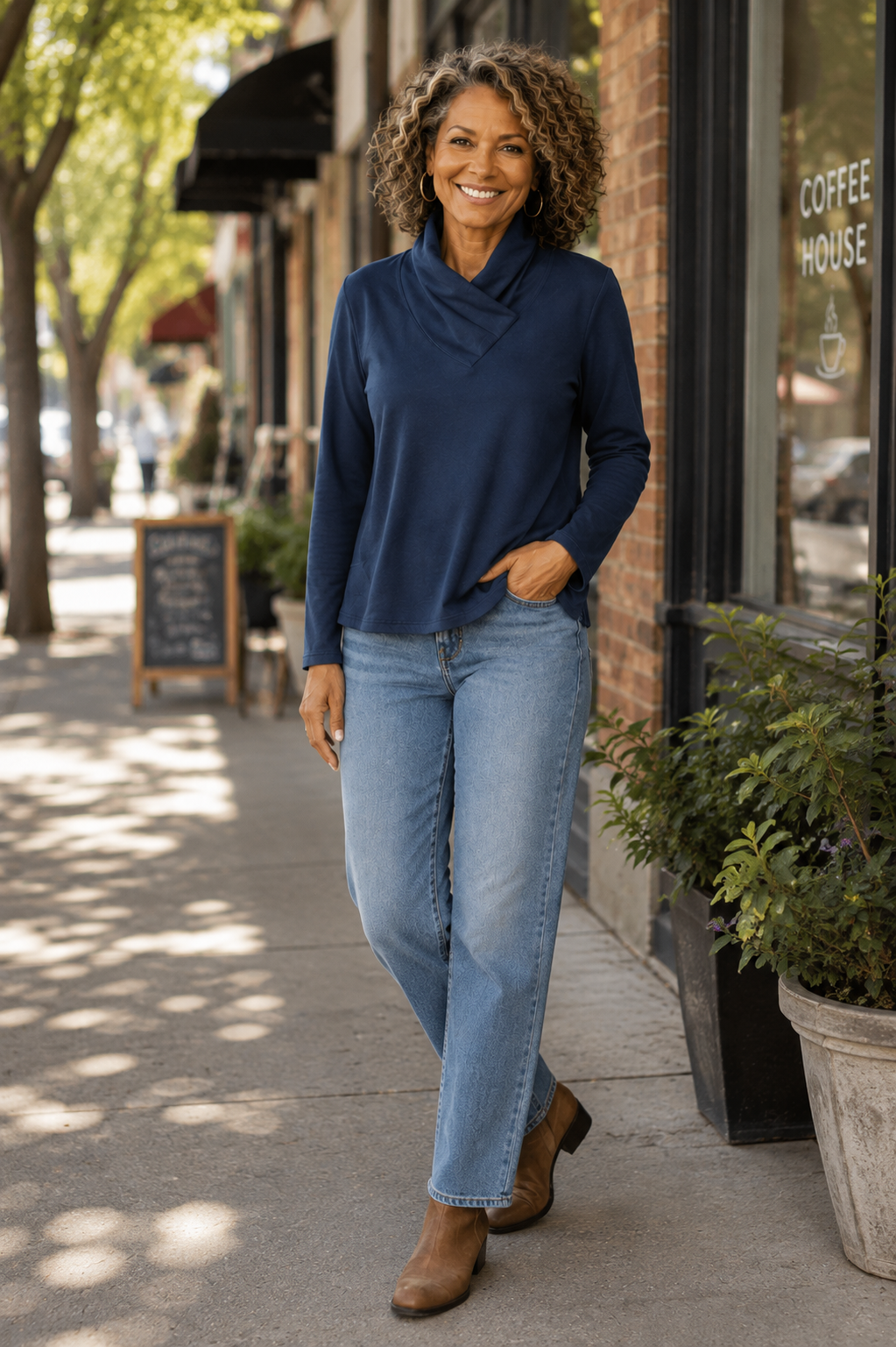 Cotton Lani Jersey Slub Pleat Wrap Neck with jeans