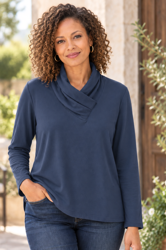 Cotton Lani Jersey Slub Pleat Wrap Neck