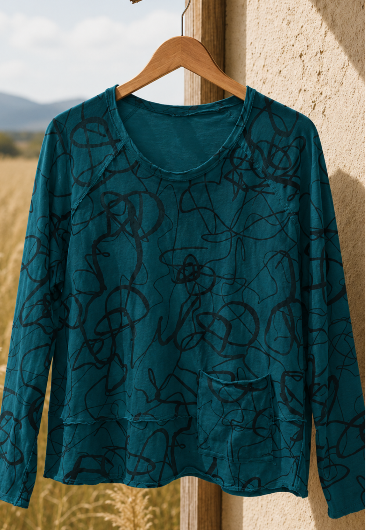 Cotton Lani Raglan Sleeve Pocket Top Pullover Rogue Pattern in Teal
