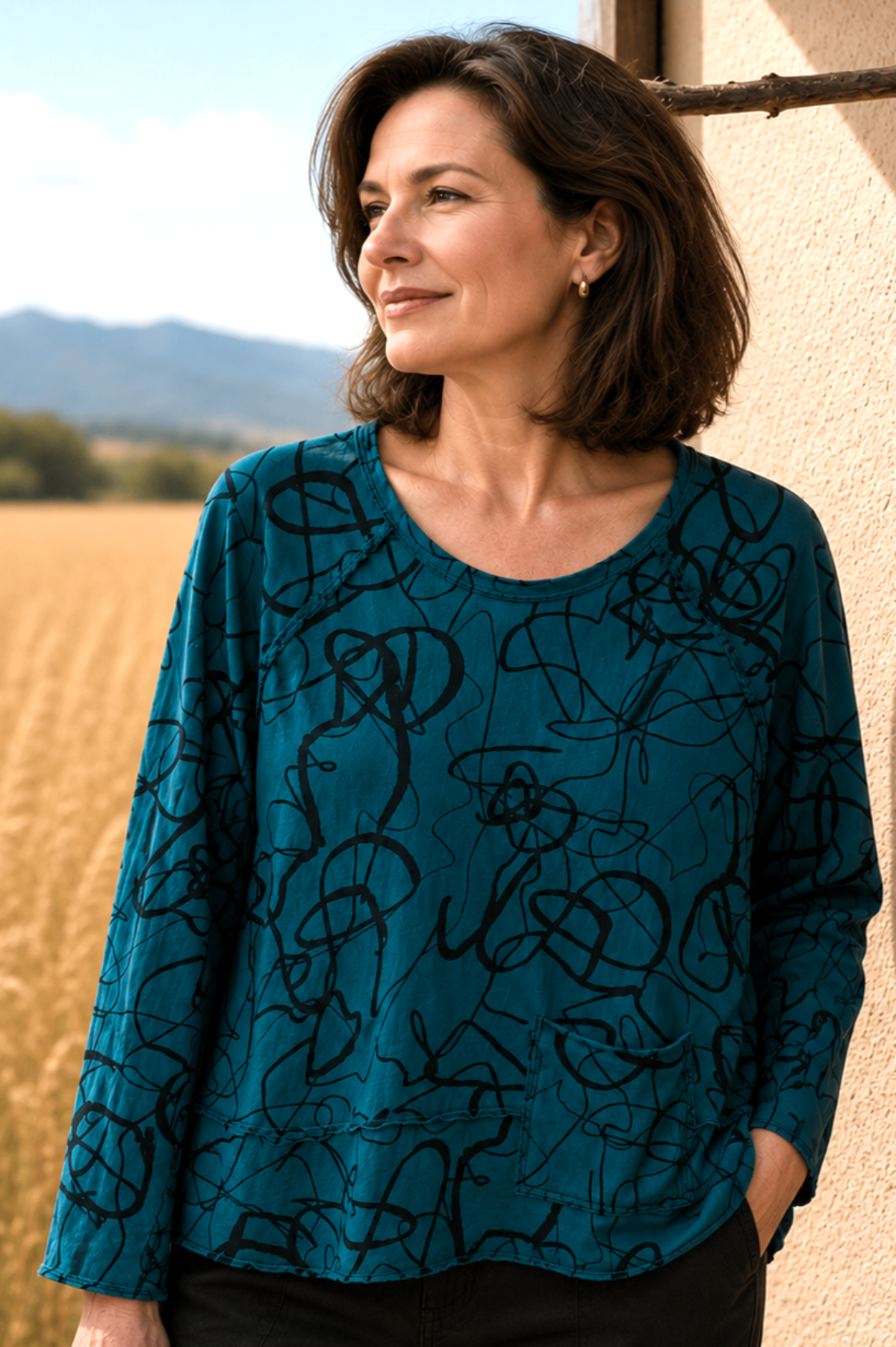 Cotton Lani Raglan Sleeve Pocket Top Pullover Rogue Pattern in Teal