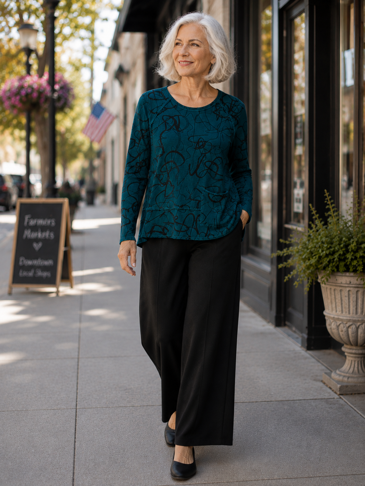 Cotton Lani Raglan Sleeve Pocket Top Pullover Rogue Pattern in Teal full length