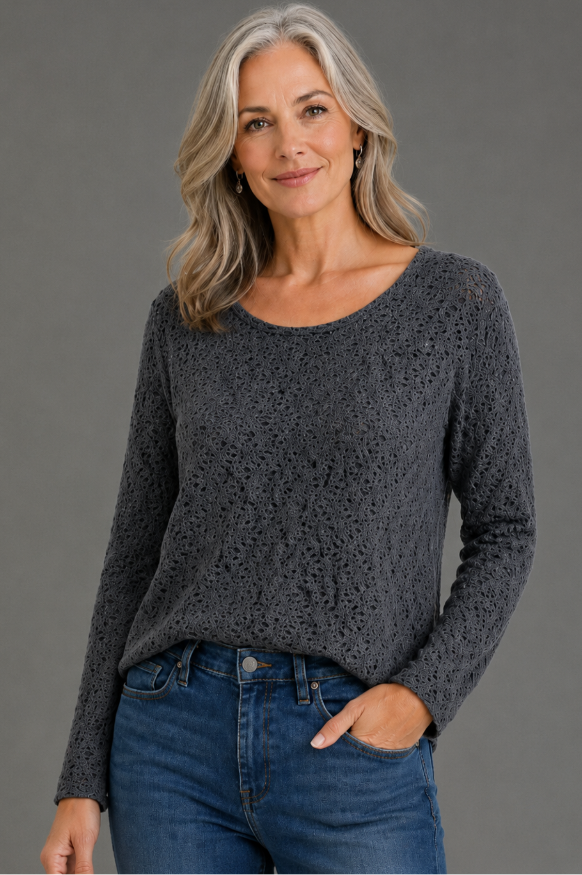 Cut Loose Black/Natural Crochet 3/4 Sleeve Boatneck Tee
