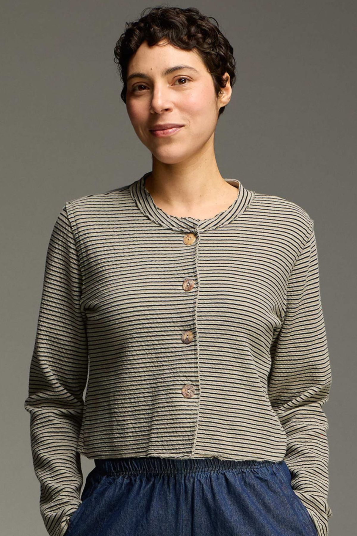Cut Loose Black Stripe Doublecloth Crop Asym Cardigan Fall 2026- Special Order
