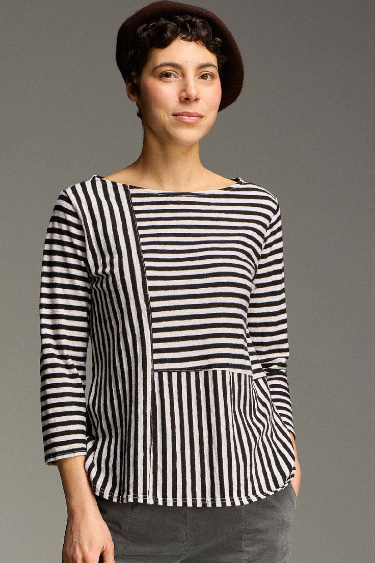Cut Loose Black Stripe Patch Aline Boatneck Top Fall 2026- Special Order - thread to cloth