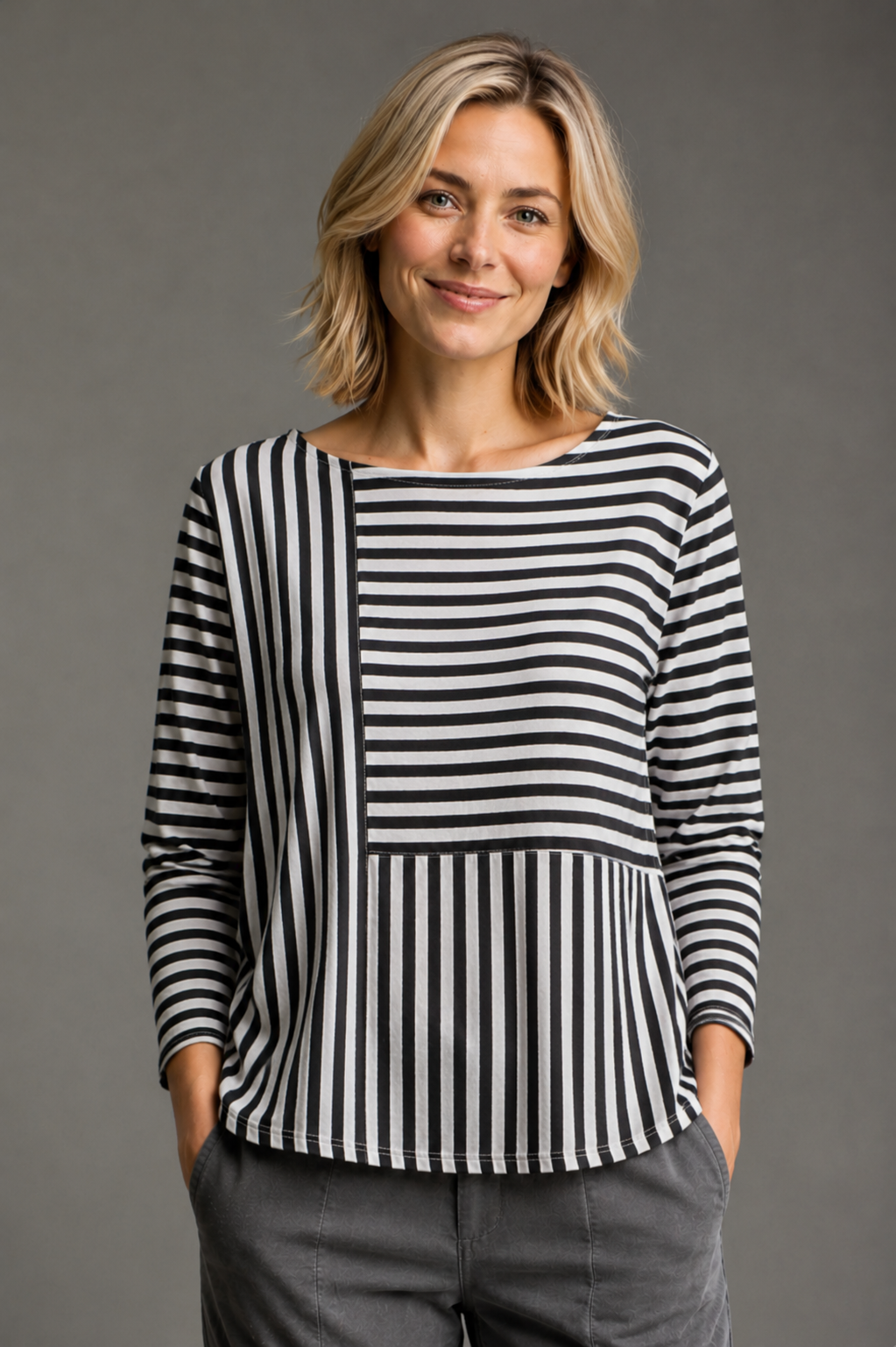 Cut Loose Black Stripe Patch Aline Boatneck Top Fall 2026- Special Order - thread to cloth