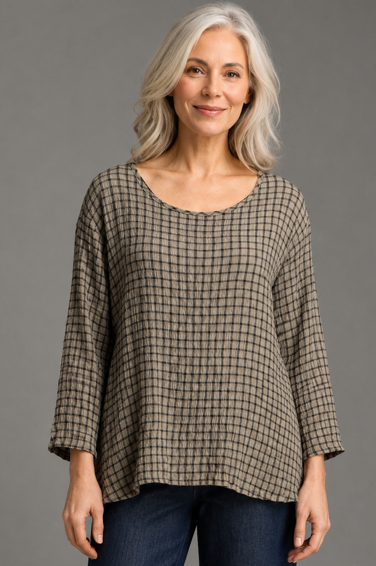 Cut Loose Black/White Crinkle Plaid 3/4 Sleeve Aline Top Fall 2026- Special Order