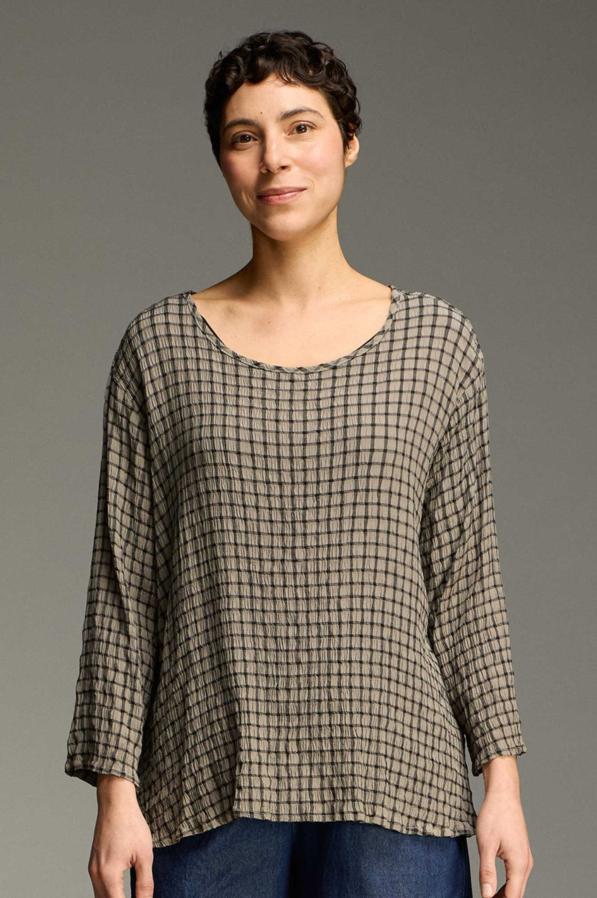 Cut Loose Black/White Crinkle Plaid 3/4 Sleeve Aline Top Fall 2026- Special Order