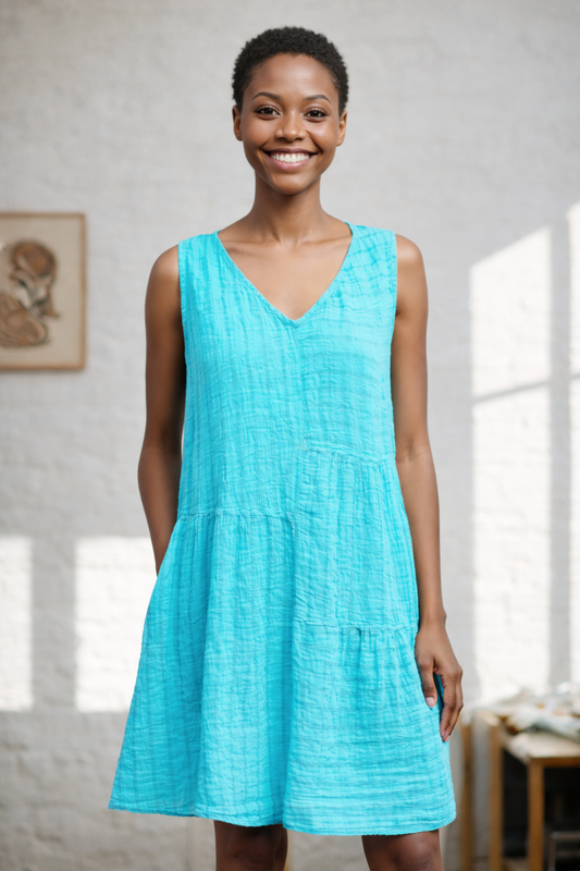 Cut Loose Blue Linen Stripe Easy Patch Dress Summer 