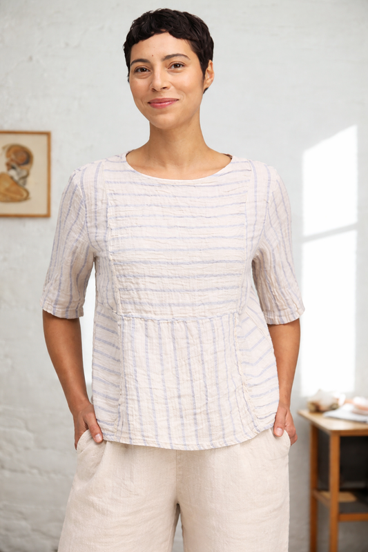 Cut Loose Blue Linen Stripe Seamed Boxy Top Summer 2026- Special Order