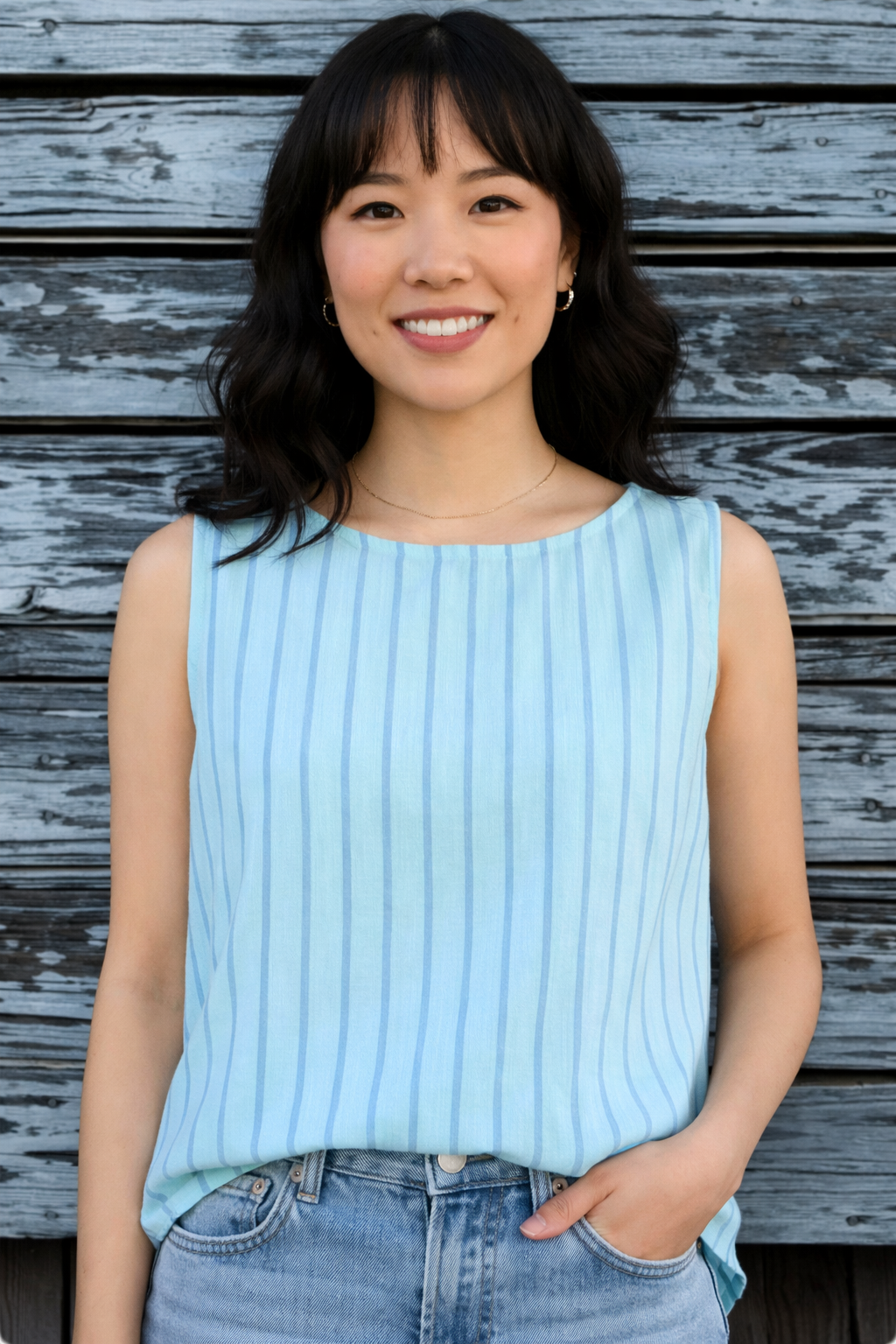 Cut Loose Blue Linen Stripe Side Button Shell from the summer collection