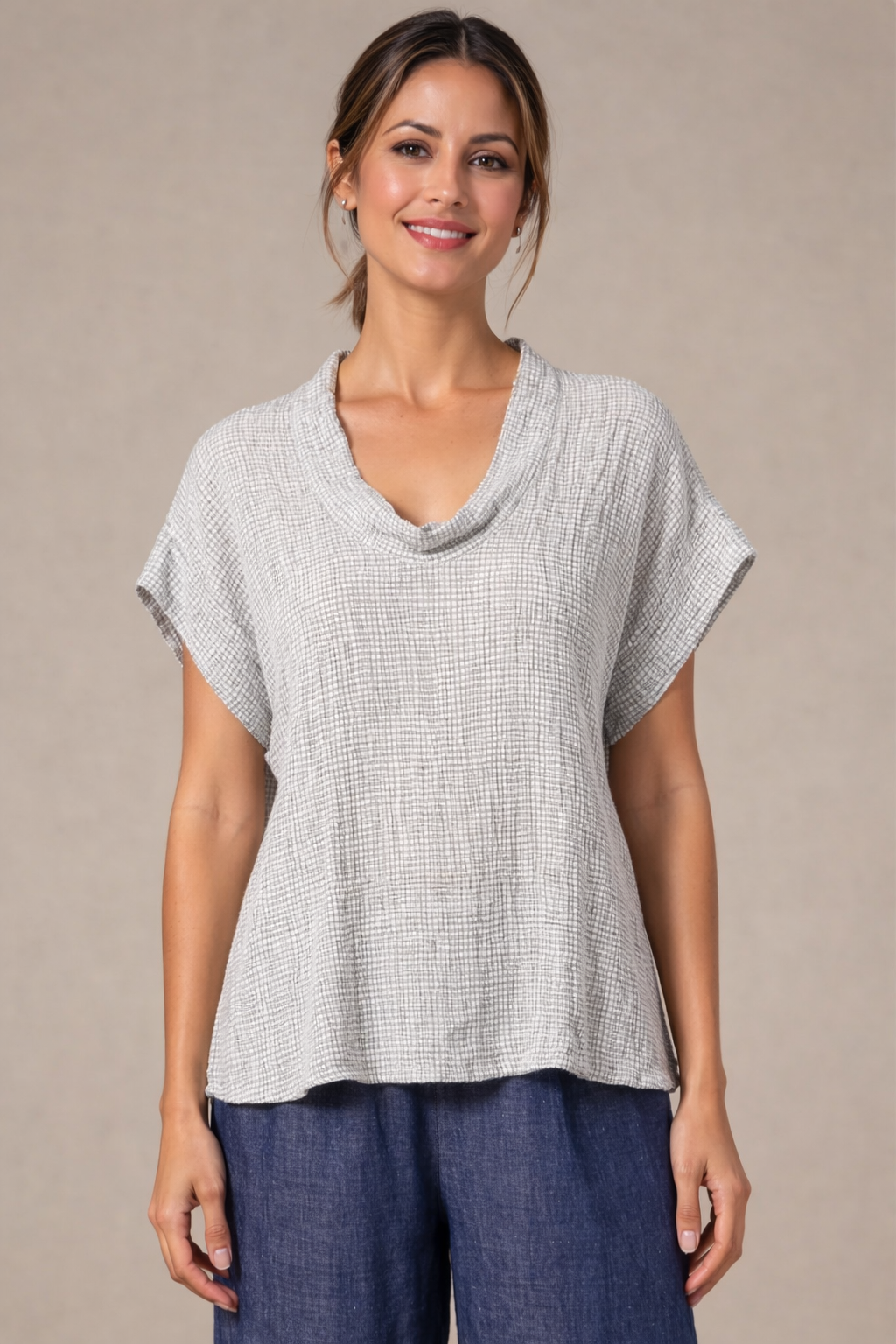 Cut Loose Crinkle Check Short Sleeve Cowl Top Spring 2026- Special Order