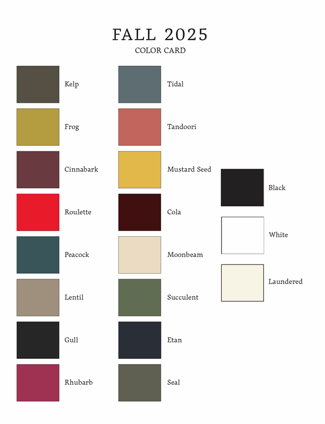 Cut Loose Clothing Fall Colletion color chart