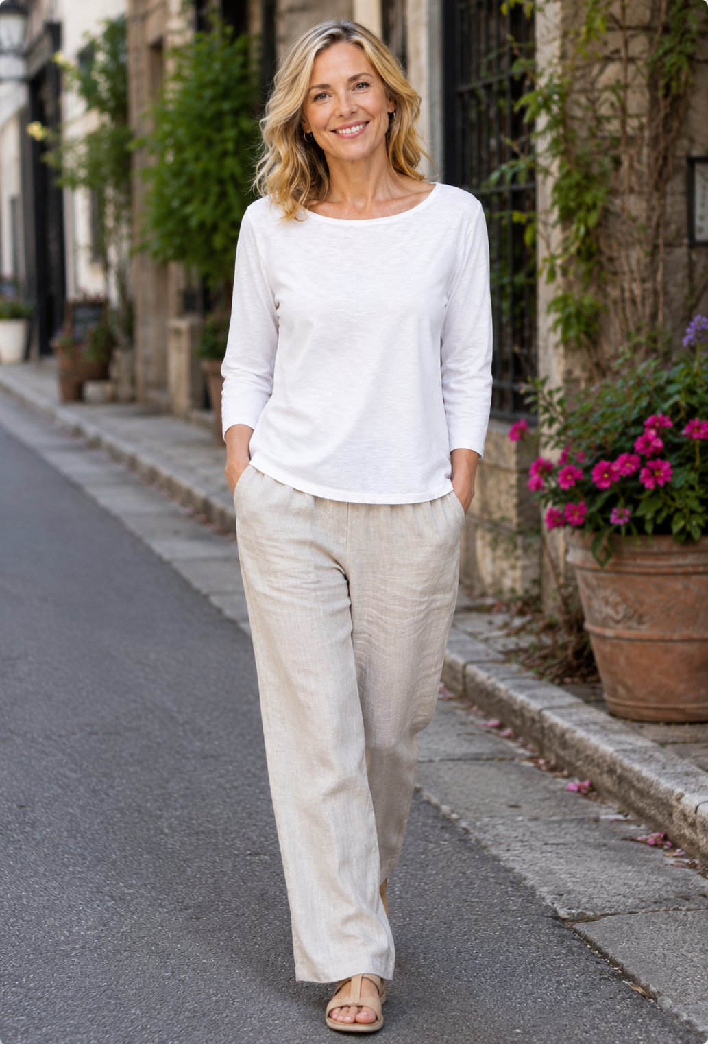 Cut Loose Linen Cotton Jersey 3/4 Sleeve Boatneck Tee in White
