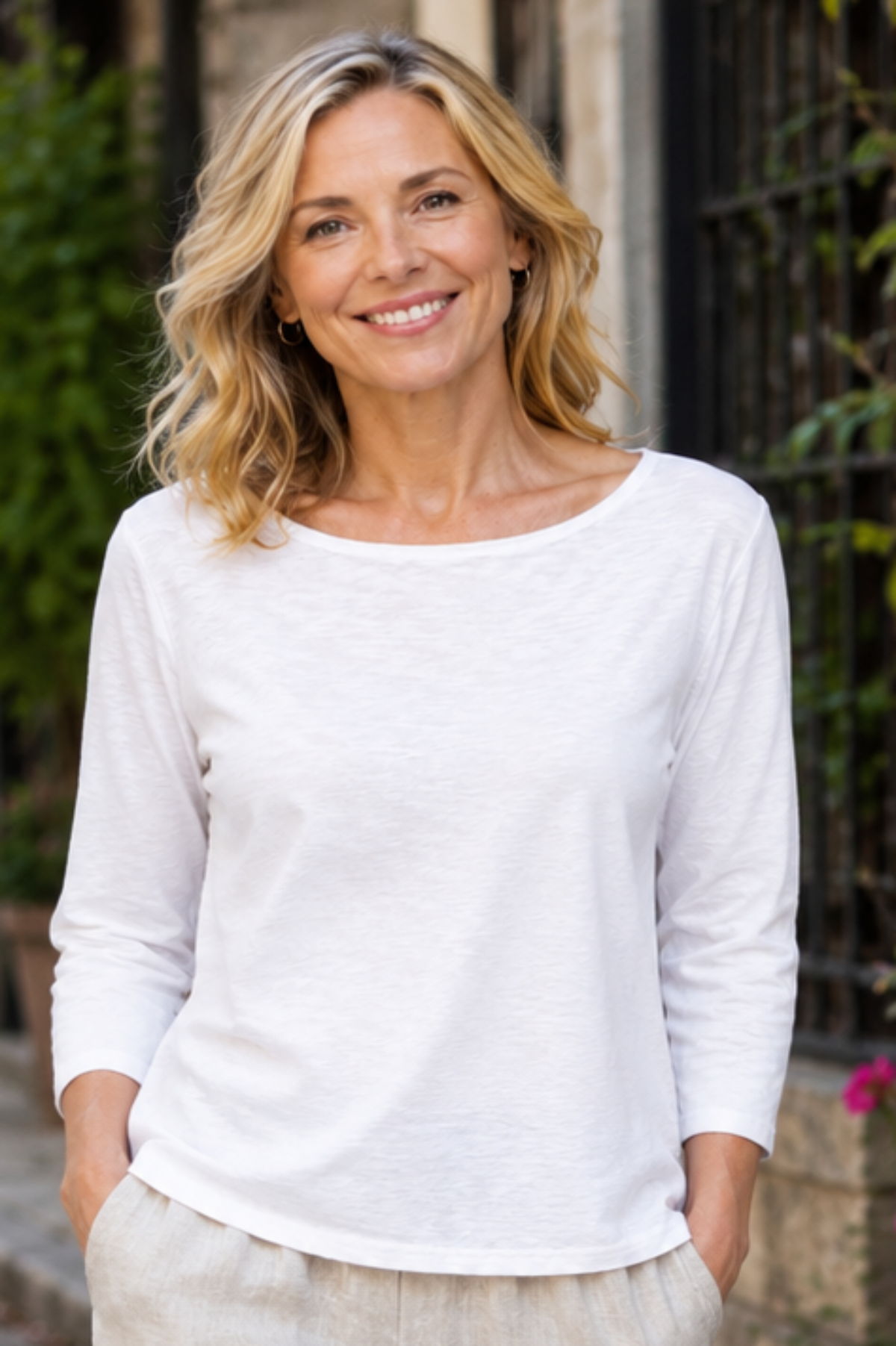 Cut Loose Linen Cotton Jersey 3/4 Sleeve Boatneck Tee in White