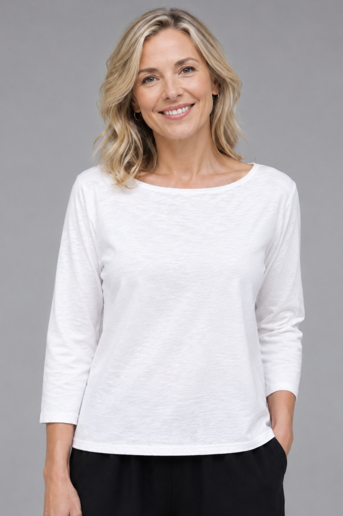 Cut Loose Linen Cotton Jersey 3/4 Sleeve Boatneck Tee in White