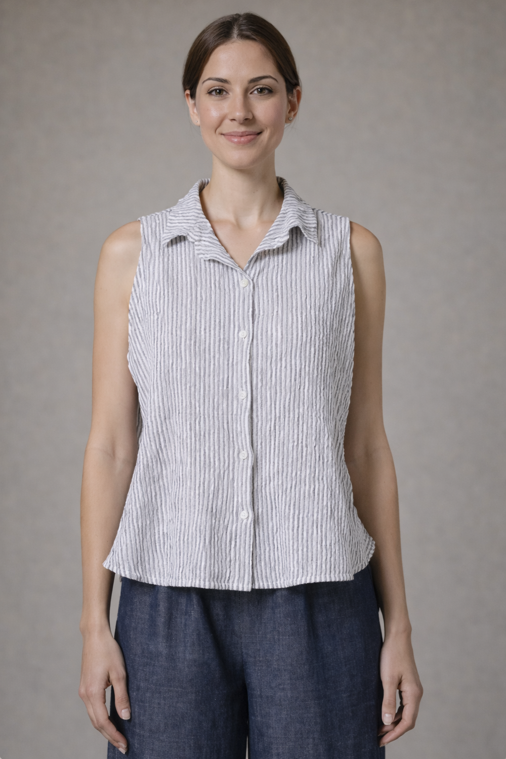 Cut Loose Linen Grey Stripe Crinkle Sleeveless Shirt Spring 2026- Special Order