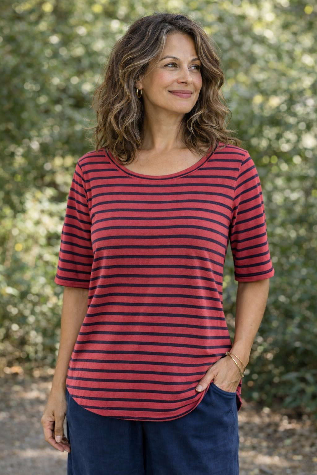 Cut Loose Navy Stripe Elbow Top-Harbor Red