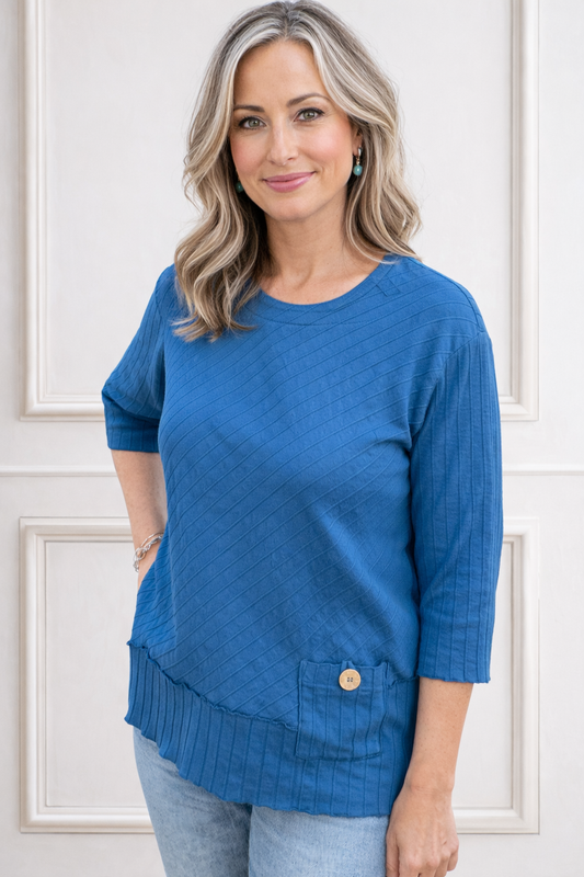 Focus Fashions Ribbed Cotton Pocket Tunic-Capri Blue