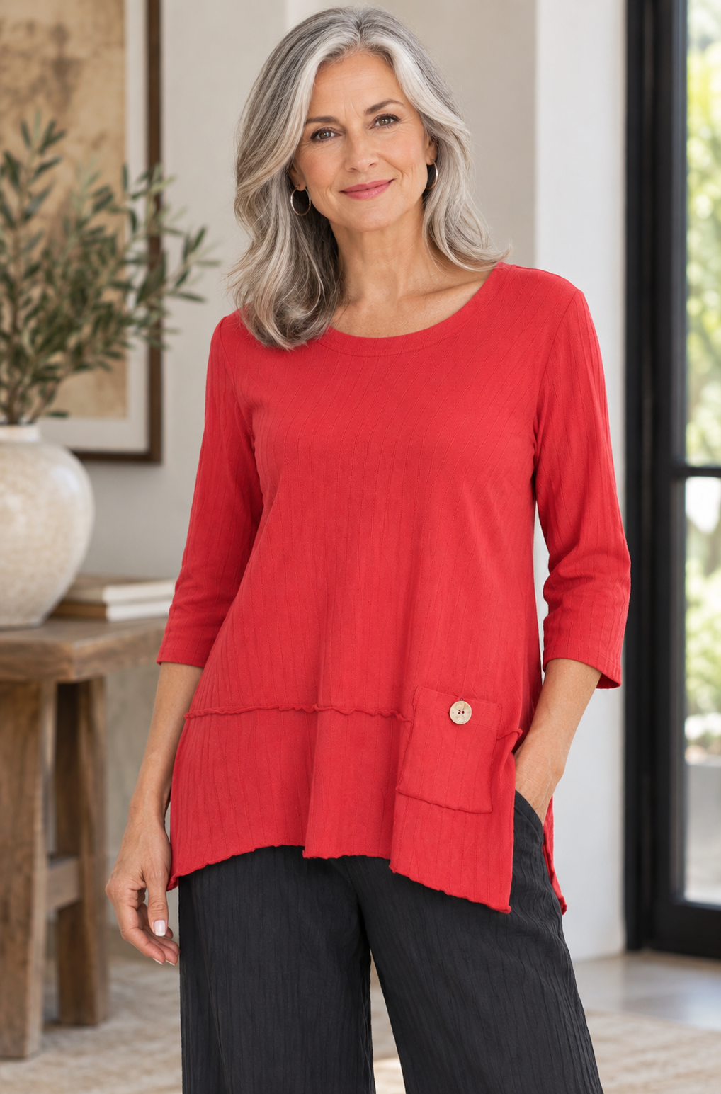 Focus Fashions Ribbed Cotton Pocket Tunic-True Red