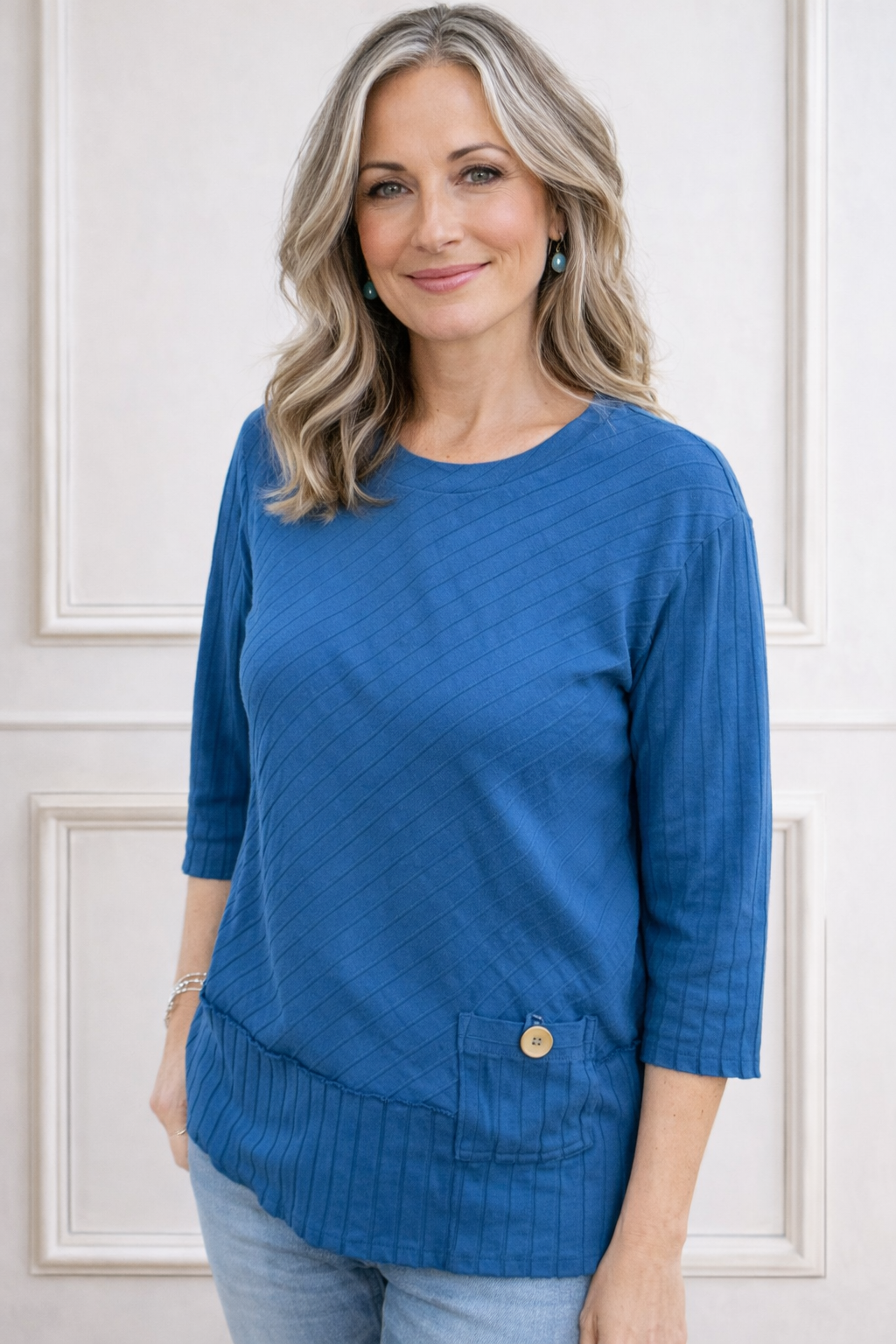 Focus Fashions Ribbed Cotton Pocket Tunic-Capri Blue