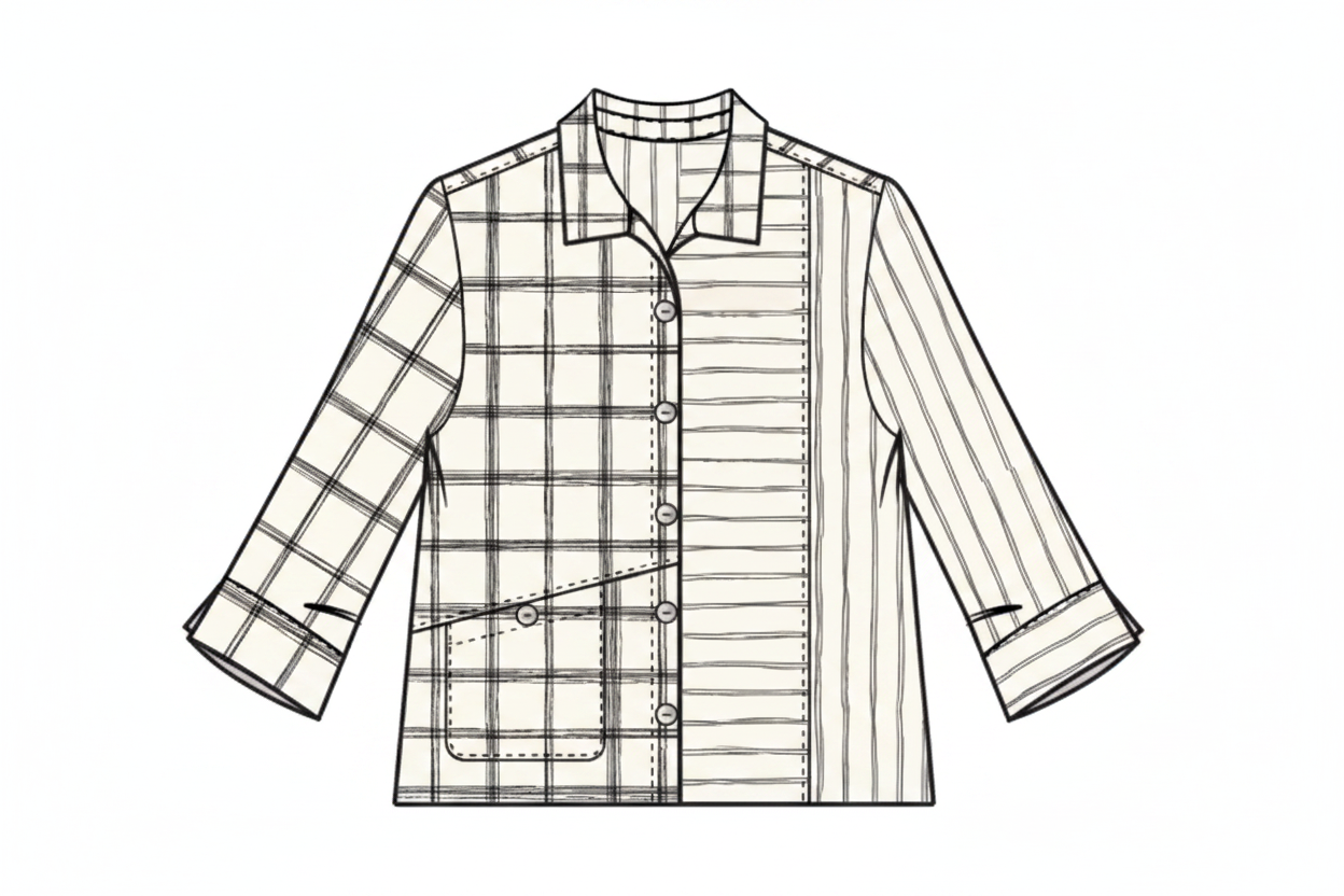 A digital fashion design template showing a women's button-up shirt with a mixed pattern design: a plaid pattern on the right side and a vertical stripe pattern on the left side. The shirt is labeled as 'WINTER WHITE' in a color palette on the bottom left, set against a gray background with size and date selection headers.