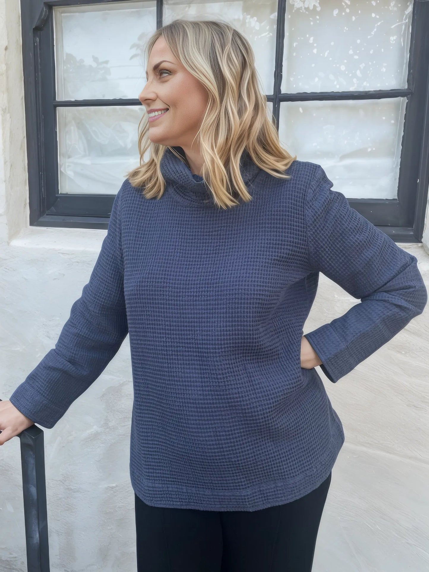 Focus High Cowl Neck Waffle Weave Tunic-Indigo