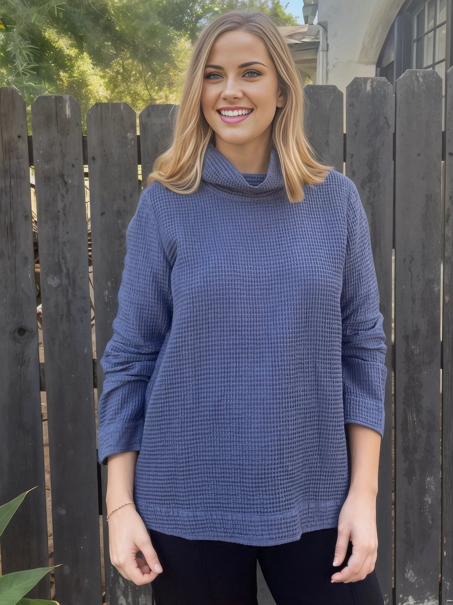 Focus High Cowl Neck Waffle Weave Tunic-Indigo