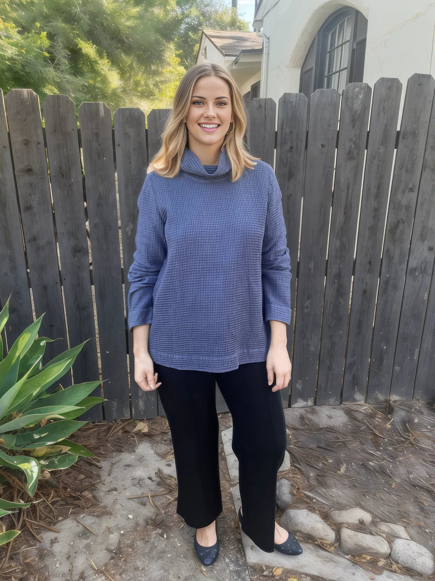 Focus High Cowl Neck Waffle Weave Tunic-Indigo