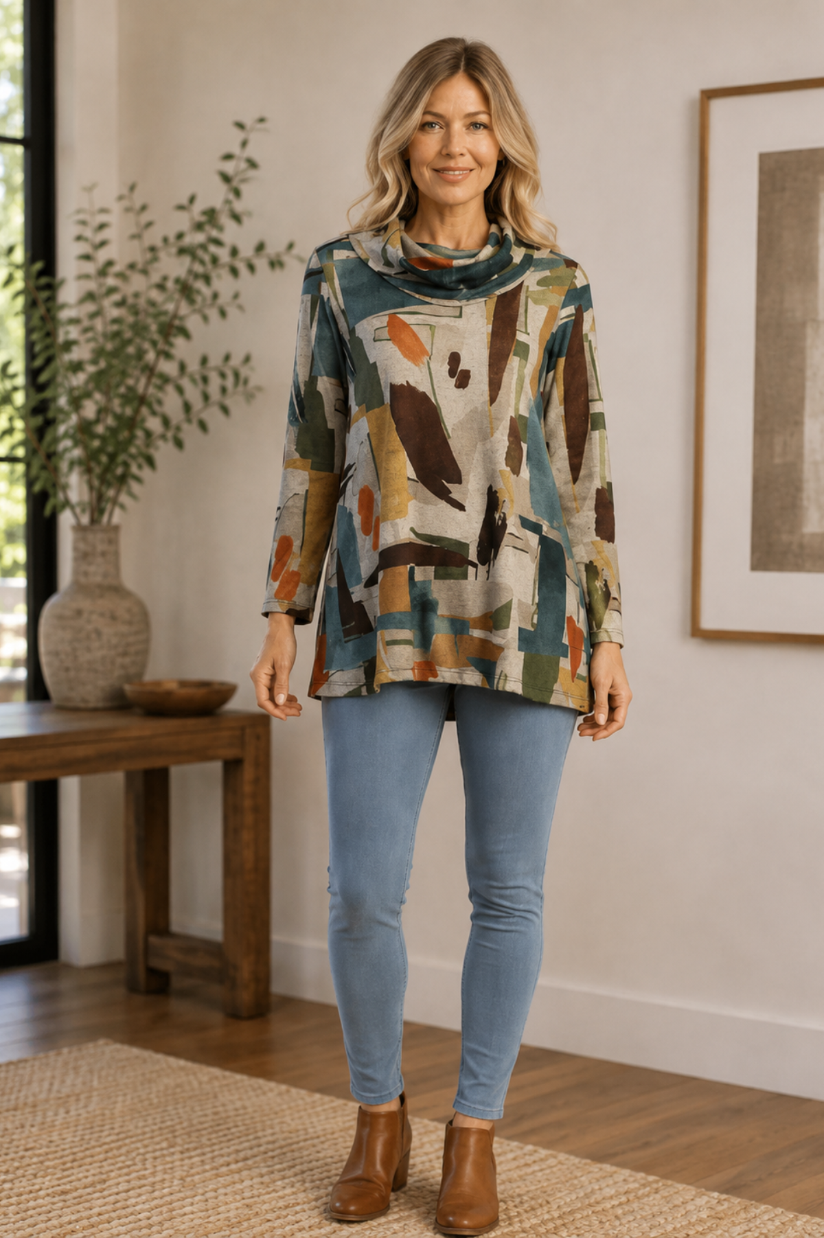 Jess & Jane French Brushed Knit Cowl Neck-Expression Print 