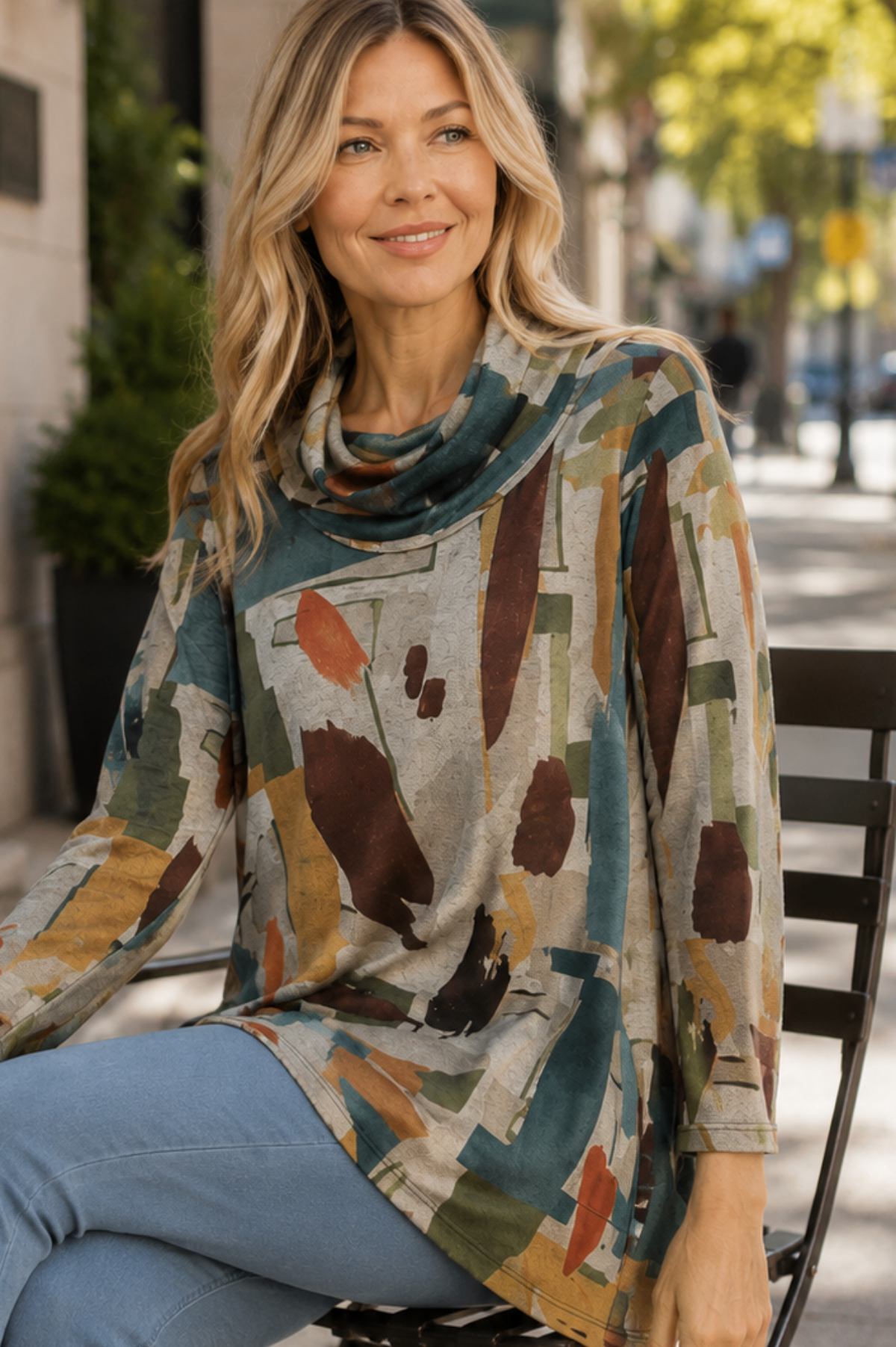 Jess & Jane French Brushed Knit Cowl Neck-Expression Print