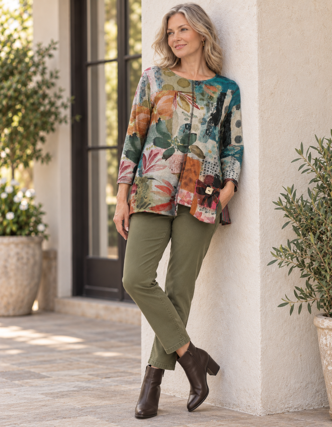 Jess & Jane French Brushed Knit Tunic Top w/Patch Pocket-Amazonia