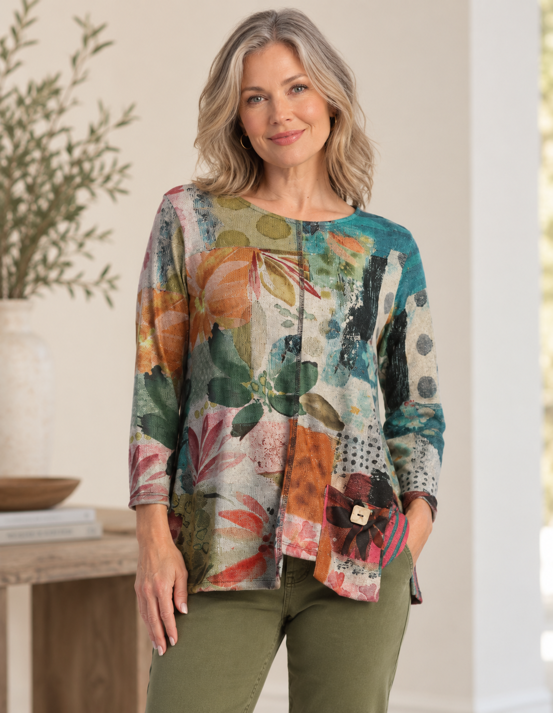 Jess & Jane French Brushed Knit Tunic Top w/Patch Pocket-Amazonia