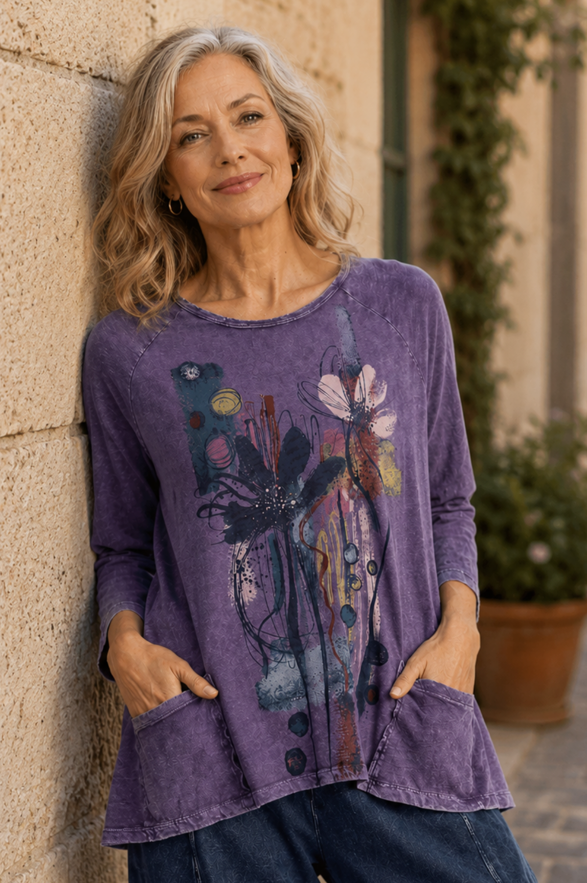 Jess & Jane Mineral Washed Cotton Slub Patch Pocket Tunic-Lillian