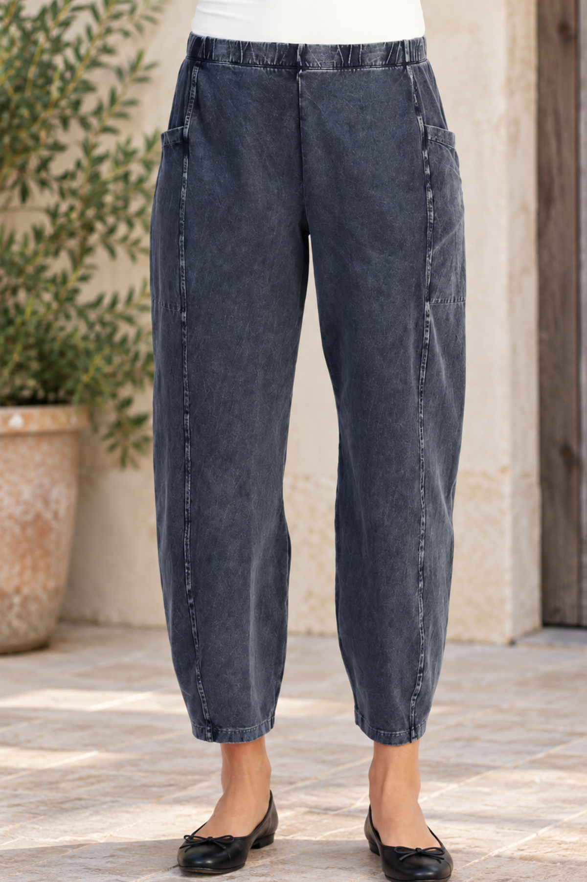 Jess & Jane Mineral Washed Cotton Spandes lantern Pants w/Side Seam